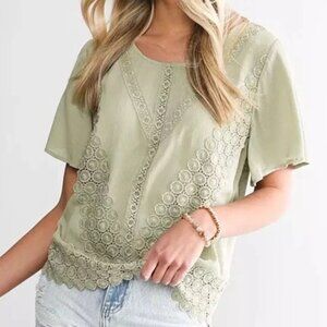 NWT Daytrip Embroidered/Crochet Applique Sage Green Boho Top Tie Back Medium